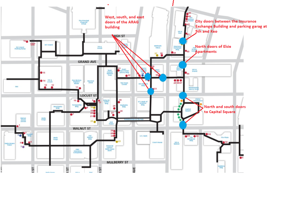 Map of doors that are locked after 10 p.m. in the skywalk.
