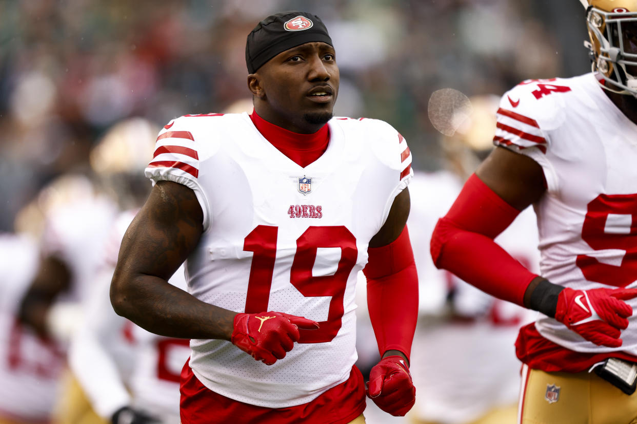 San Francisco 49ers receiver Deebo Samuel didn't want to answer questions about his team's loss to the Eagles in the NFC title game. (Photo by Kevin Sabitus/Getty Images)