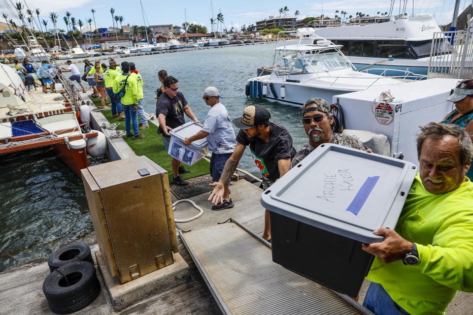 Supplies for Lahaina fire victims are gathered and delivered by Hawaiians sailing on a large catamaran who often sail around the world together to Lahaina neighborhoods.   Maalaea, Maui. Aug. 14, 2023.   / Credit: Robert Gauthier/Los Angeles Times via Getty Images