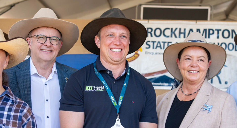 Anthony Albanese (right) joined Madeleine King (right) at Beef Week in Rockhampton where he announced new money to help farmers fight climate change. Source: Madeleine King