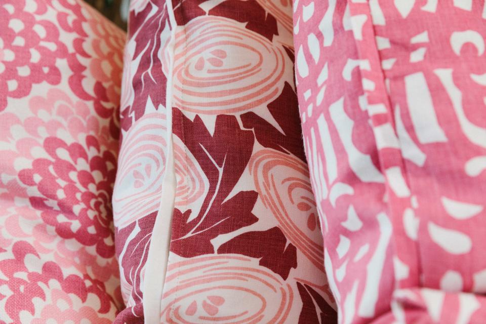 A joyful pink Raoul Textile fabric. Sally McQuillan's current inspiration is the geometry of the Auricula flower.