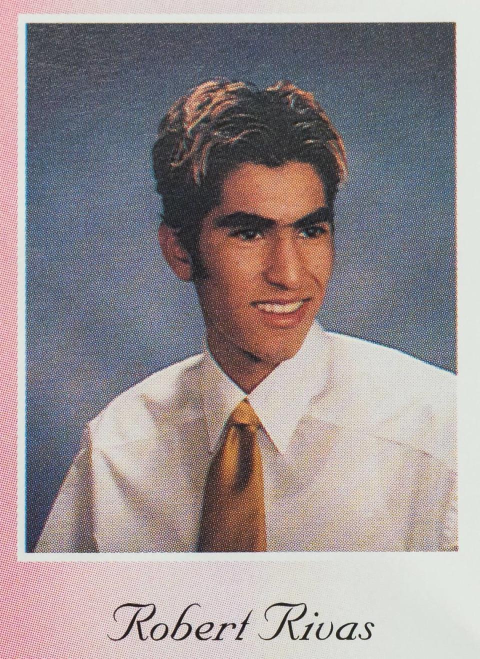 The senior photo of California Assembly Speaker-elect Robert Rivas, D-Salinas, is seen in the 1998 yearbook from Hollister High School, previously San Benito High School.