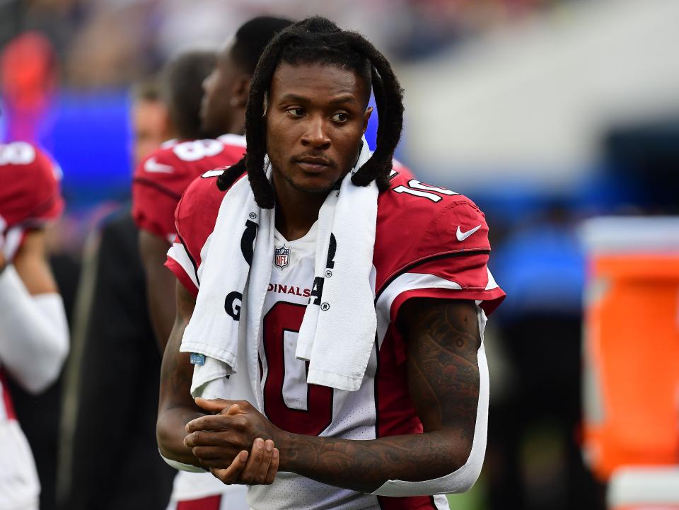 Oct 3, 2021; Inglewood, California, USA; Arizona Cardinals wide receiver DeAndre Hopkins (10) reacts during the 37-20 victory against the Los Angeles Rams at SoFi Stadium.