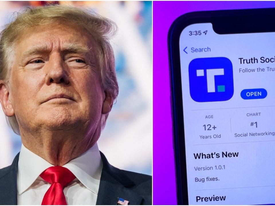 Donald Trump (left) and a phone displaying his social media app, Truth Social.