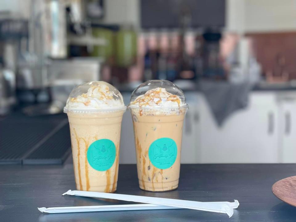 White Chocolate Caramel Frappe and Iced Cinnamon Caramel Latte from Southernly Sips.