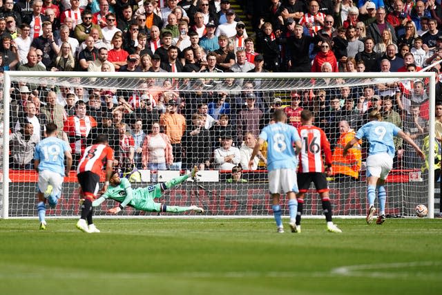 Erling Haaland's first-half penalty at Bramall Lane struck a post 