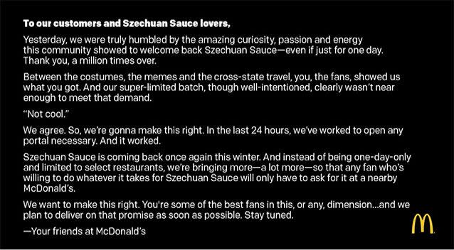 Macca’s promises the coveted sauce will be in greater supply. Picture: McDonald's/Twitter