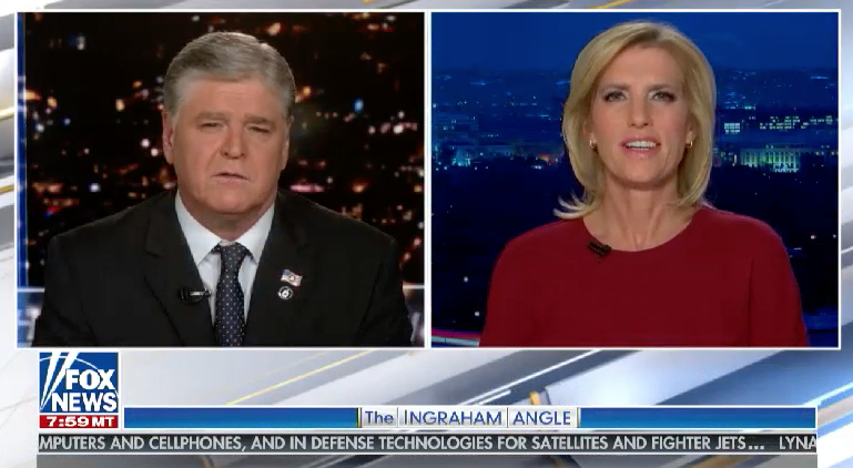 Sean Hannity hands over to Laura Ingraham at the end of his show on Fox News on 2 February 2021 (Fox News)