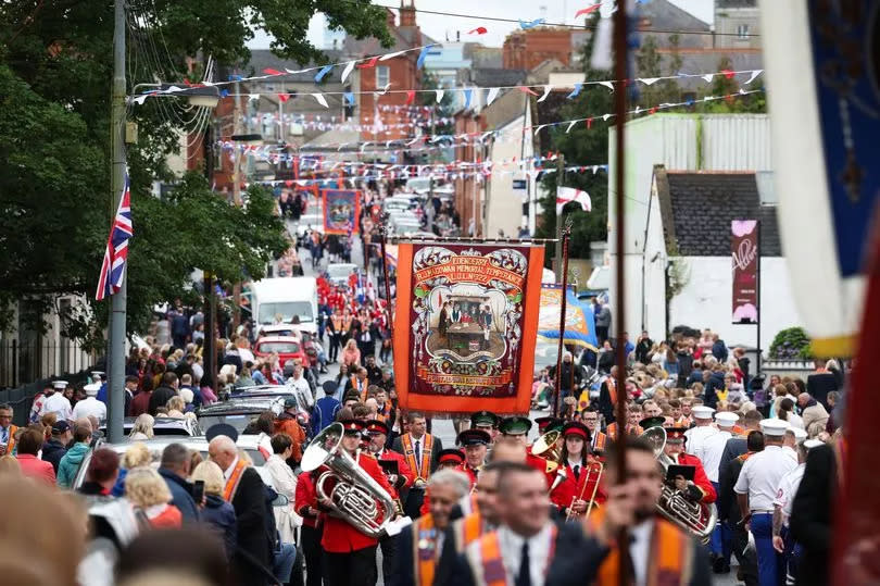The 2023 County Armagh Twelfth Demonstration making its way through Lurgan town centre to Brownlow House.
