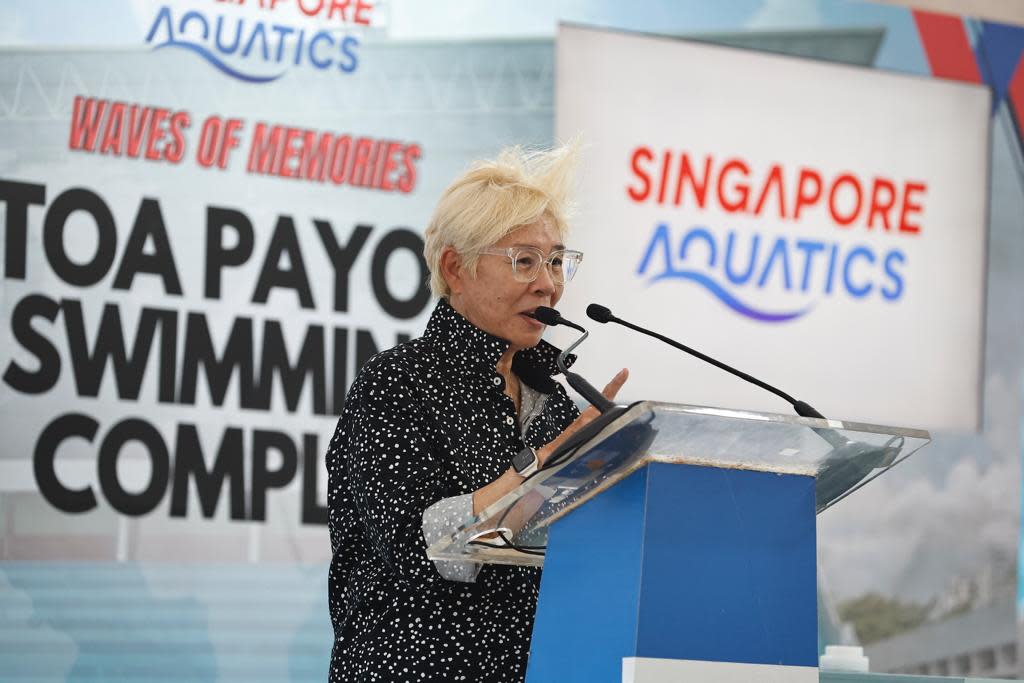 Singapore Aquatics' legacy council chairperson and former swim queen Patricia Chan announces the proposed launch of the Aquatics Hall of Fame in 2024. (PHOTO: Singapore Aquatics) 