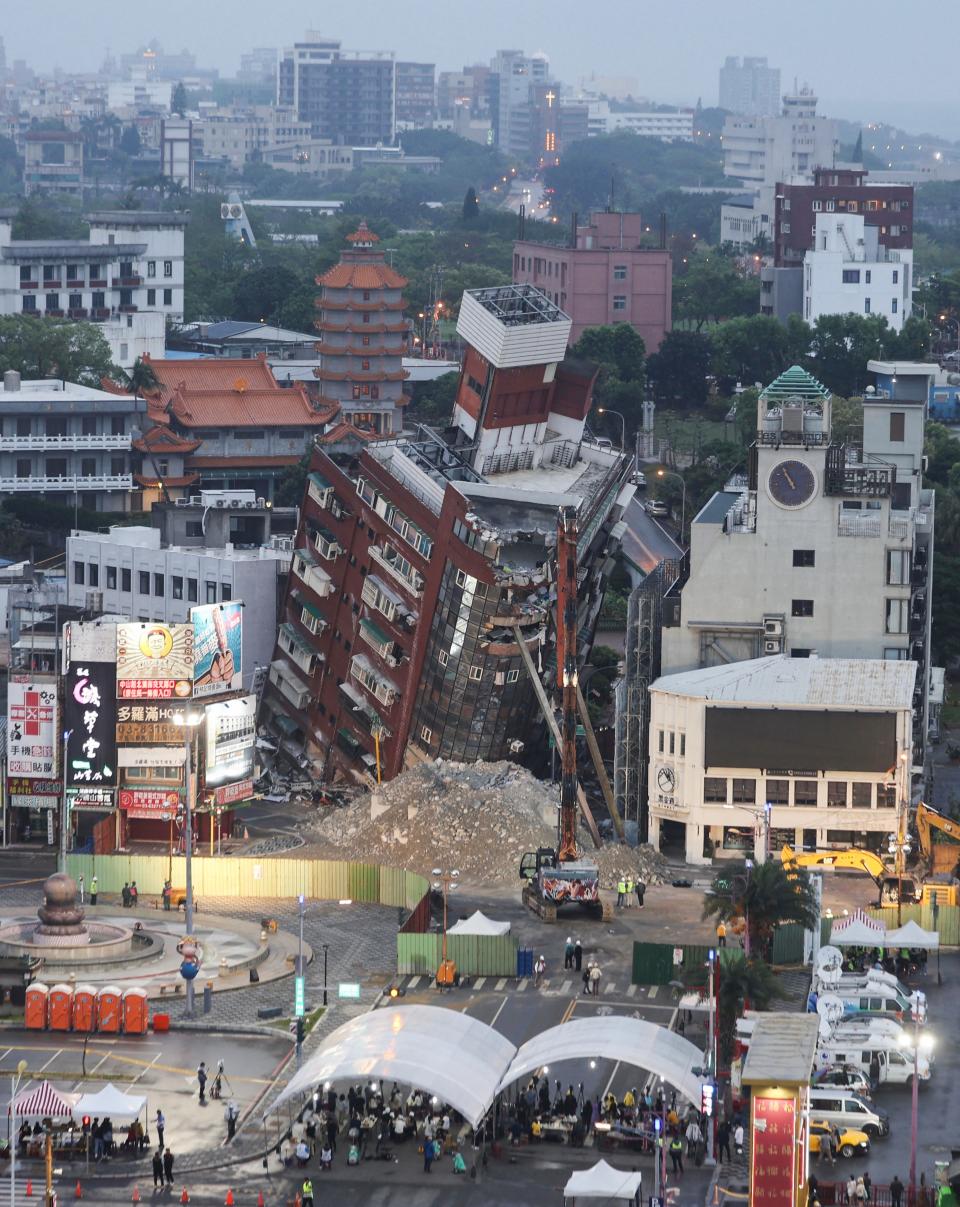 This picture taken and released by Taiwan's Central News Agency (CNA) on April 5, 2024 shows heavy equipment being used to demolish the Uranus building, which was damaged in the April 3 earthquake, in Hualien. Could an earthquake be possible in Volusia and Flagler counties? (Photo by CNA / AFP) / Taiwan OUT - China OUT - Macau OUT / Hong Kong OUT RESTRICTED TO EDITORIAL USE (Photo by -/CNA/AFP via Getty Images)