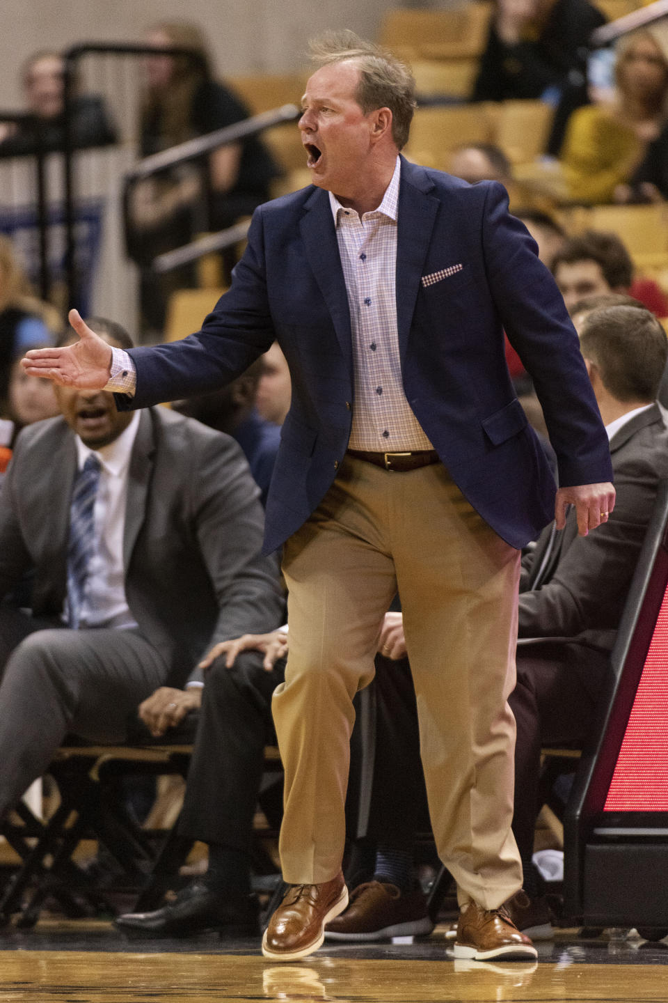 Mississippi head coach Kermit Davis argues a call during the first half of an NCAA college basketball game against Missouri Tuesday, Feb. 18, 2020, in Columbia, Mo. (AP Photo/L.G. Patterson)