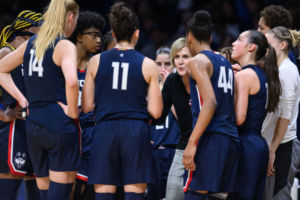 The UConn Huskies women's basketball team has had multiple hardships this season and now is on pause until it has the minimum number of healthy players. (Zach Bolinger/Icon Sportswire via Getty Images)