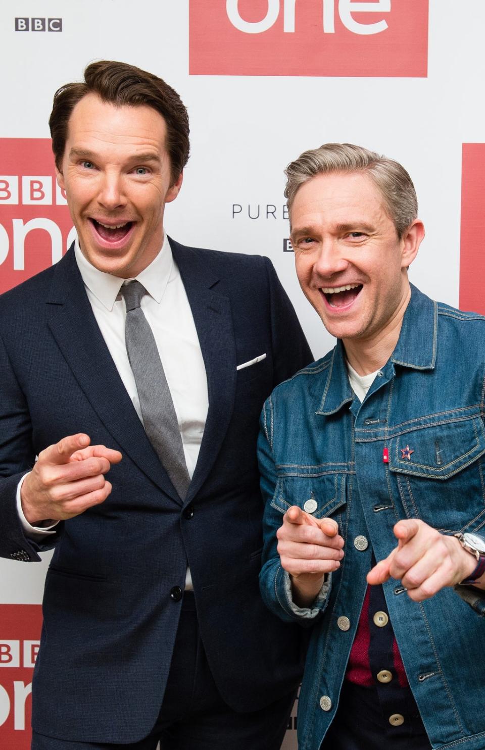 Gotcha: Cumberbatch and Martin Freeman at a ‘Sherlock’ press event in 2016 (Jeff Spicer/Getty)