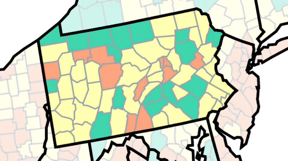 This map if Pennsylvania from the U.S. Centers for Disease Control and Prevention shows the latest COVID-19 community levels, as of Aug. 12, 2022. Counties marked orange are at a high level, those yellow are at medium and those that are green are considered low.