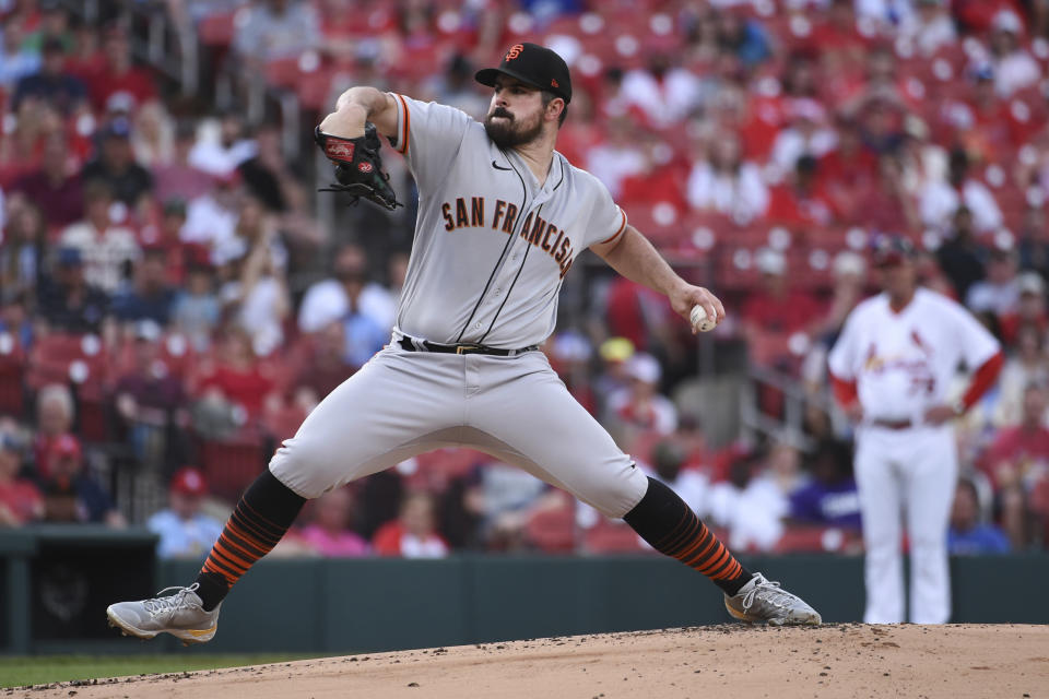 San Francisco Giants starting pitcher Carlos Rodon (16) throws during the first inning of a baseball game against the St. Louis Cardinals on, Sunday, May 15, 2022, in St. Louis. (AP Photo/Joe Puetz)