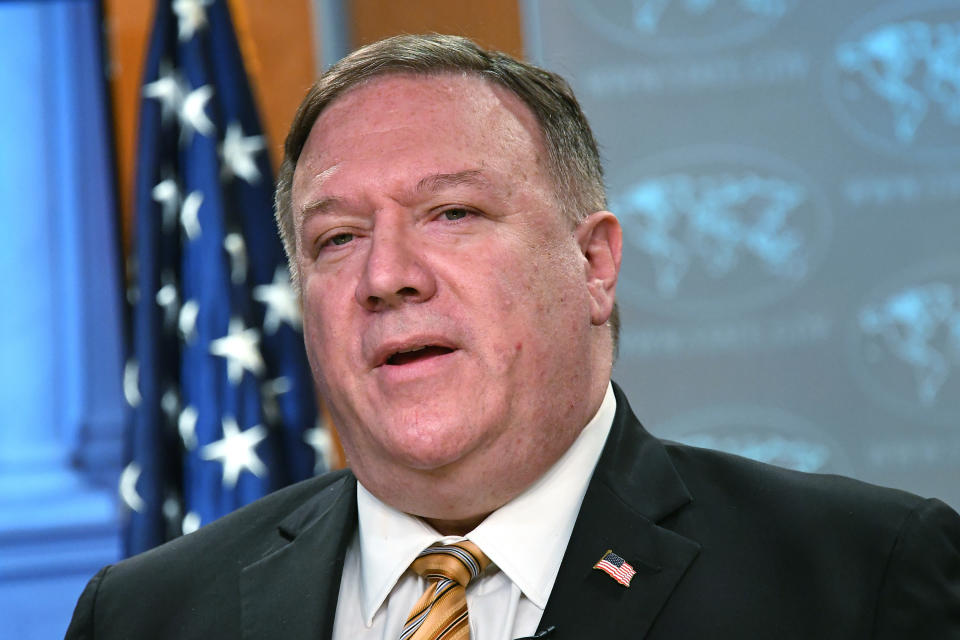 FILE - In this June 24, 2020, file photo, U.S. Secretary of State Mike Pompeo speaks during a press conference at the State Department in Washington. The Chinese Embassy in Washington said that a statement issued by Pompeo deliberately distorts the facts and disregards the efforts of China and the others to achieve peace and stability in the South China Sea. (Mandel Ngan/Pool Photo via AP, File)