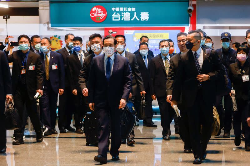 Former Taiwan President Ma Ying-jeou arrives at the airport before departing on a visit to China