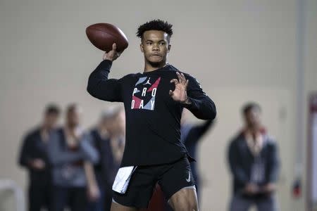FILE PHOTO: Mar 13, 2019; Norman, OK, USA; Oklahoma quarterback Kyler Murray participates in positional workouts during pro day at the Everest Indoor Training Center at the University of Oklahoma. Mandatory Credit: Jerome Miron-USA TODAY Sports - 12338277