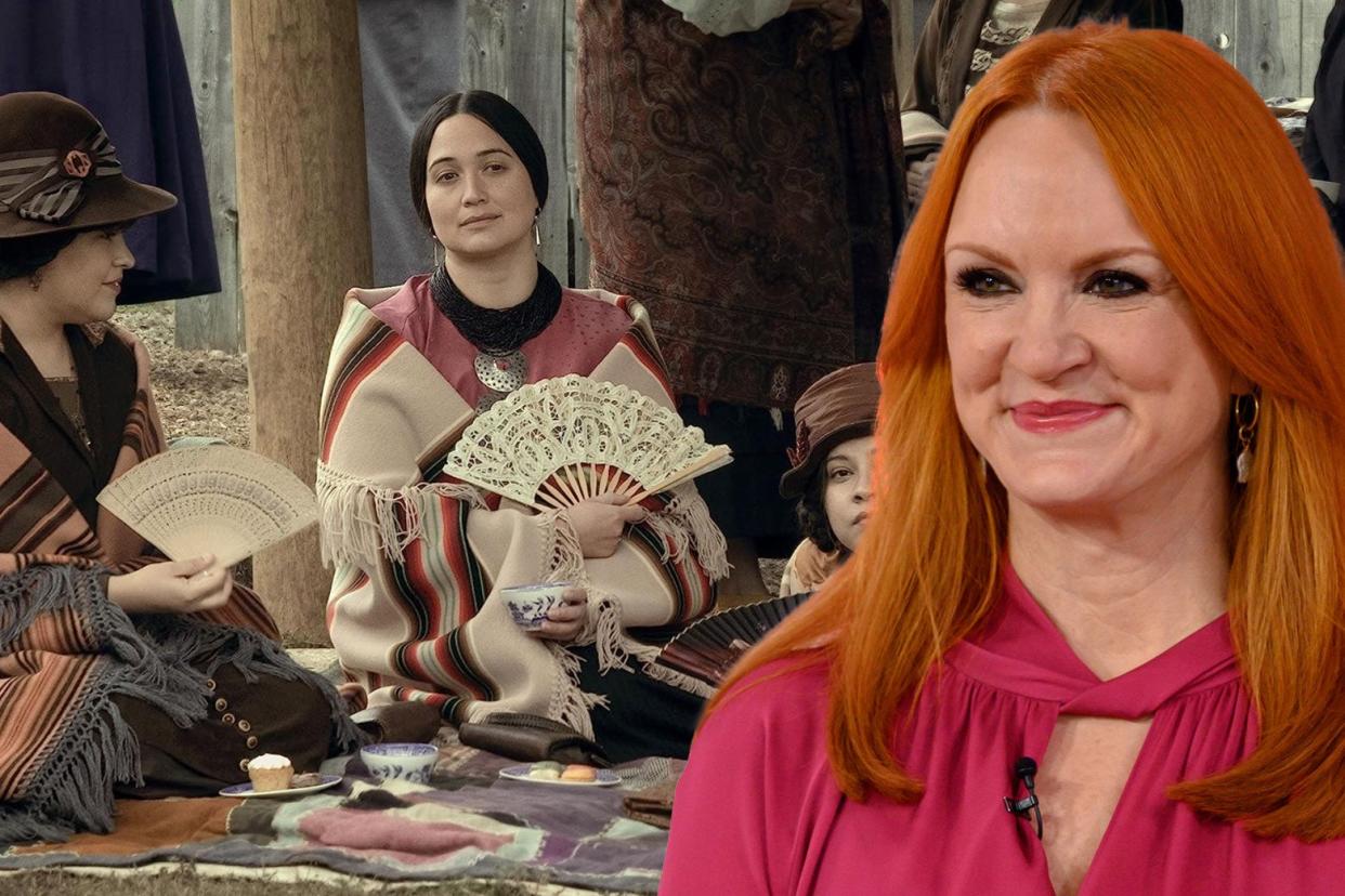 A still from Killers of the Flower Moon, depicting a group of Osage women, with a photo of Ree Drummond superimposed.