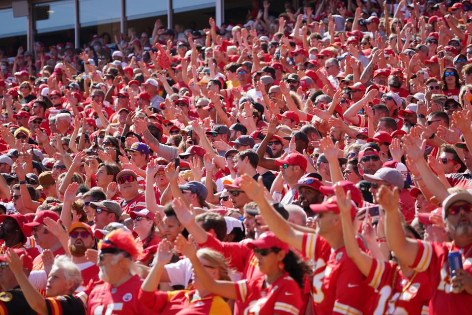 Kansas City Chiefs fans do the "tomahawk chop" during a September 2021 game in Kansas City.