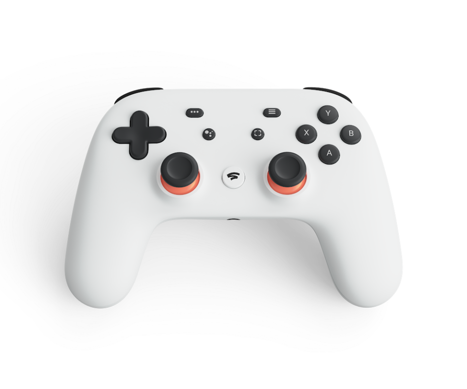 A white Stadia controller with black buttons.