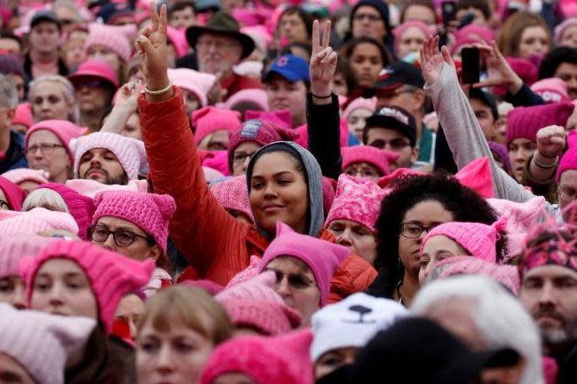 In the pink: protesters wearing pussy hats on the Women’s March in Washington in January 2017: REUTERS