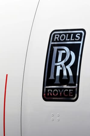 A Rolls-Royce logo is seen on the first A380 for All Nippon Airways (ANA) during its delivery ceremony at the Airbus delivery center in Colomiers