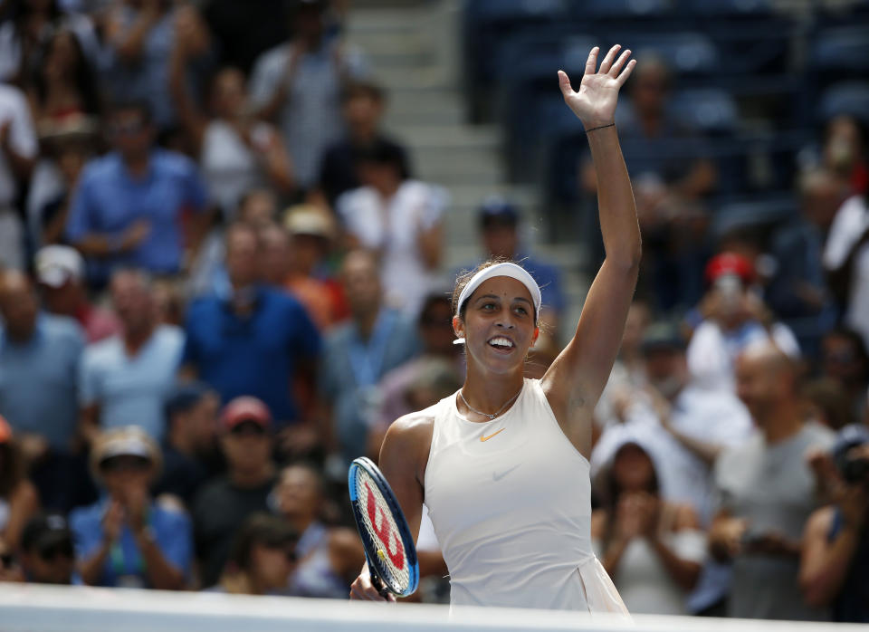 Madison Keys celebrates after defeating Aleksandra Krunic, of Serbia, during the third round of the U.S. Open tennis tournament, Saturday, Sept. 1, 2018, in New York. (AP Photo/Jason DeCrow)