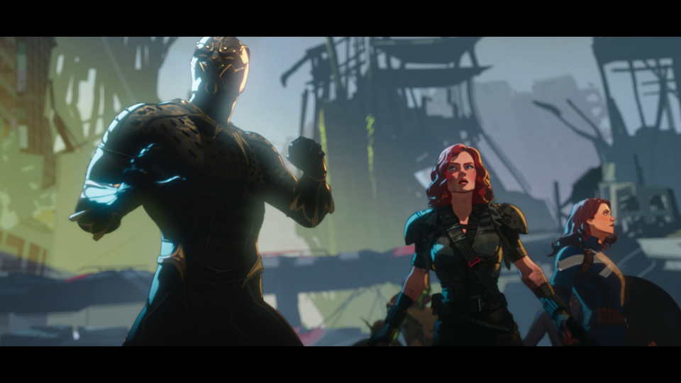 Killmonger (Michael B. Jordan), Black Widow (Lake Bell), and Captain Carter (Hayley Atwell) in What If...? (Screenshot: Disney+)