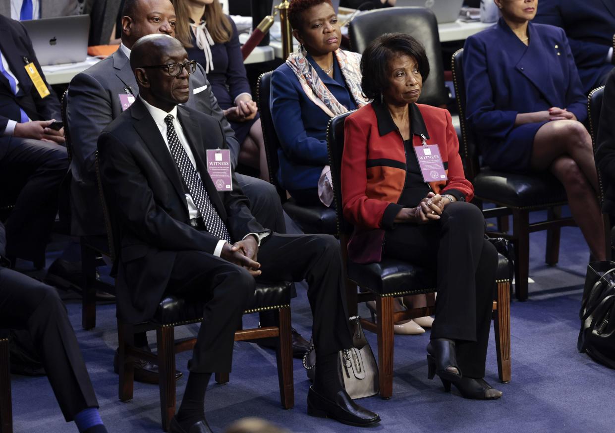 The parents of U.S. Supreme Court nominee Judge Ketanji Brown Jackson, Johnny Brown and Ellery Brown, listen during their daughter's confirmation hearing before the Senate Judiciary Committee in the Hart Senate Office Building on Capitol Hill on March 21, 2022, in Washington, DC.