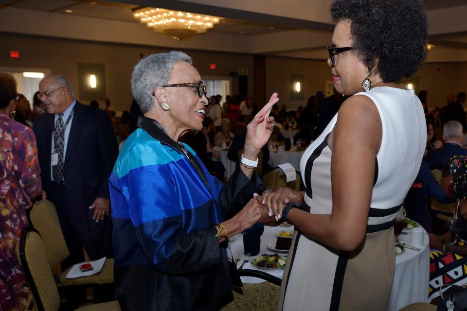 Johnnetta Betsch Cole, president emerita of both Spelman College and Bennett College, talks with Jacksonville City Councilwoman Brenda Priestly Jackson before the inaugural Jacksonville Civil Rights Conference last month.
