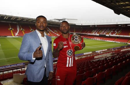 Britain Boxing - Kell Brook & Errol Spence Press Conference - Bramall Lane, Sheffield - 22/3/17 Kell Brook and Errol Spence pose after the press conference Action Images via Reuters / Lee Smith Livepic