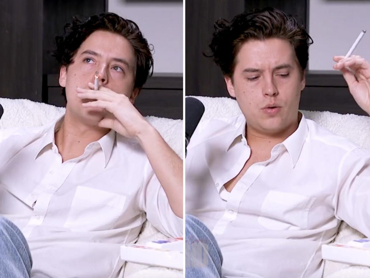 Screenshots from Cole Spruce's 'Call Her Daddy' interview, smoking in a white Oxford shirt and blue jeans.