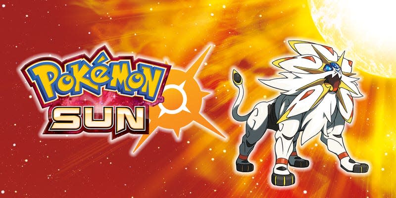 The mascot for Pokemon Sun is seen in front of a firey background.