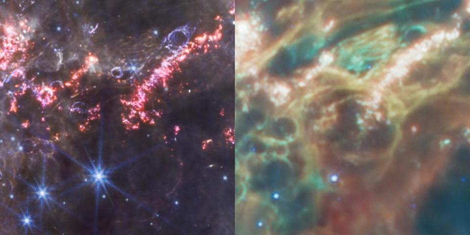 JWST (links) zeigt kugellochartige Strukturen, die auf den Hubble-Bildern (rechts) nicht wirklich sichtbar waren. - Copyright: NASA, ESA, CSA, STScI, Danny Milisavljevic (Purdue University), Ilse De Looze (UGent), Tea Temim (Princeton University)