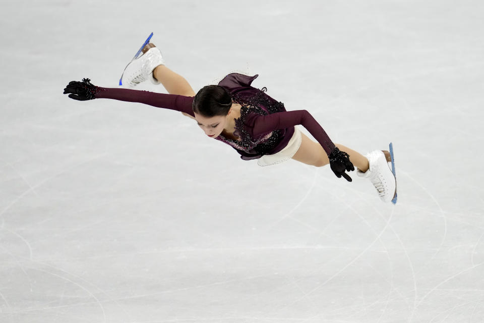 Anna Shcherbakova, of the Russian Olympic Committee, competes in the women's free skate program during the figure skating competition at the 2022 Winter Olympics, Thursday, Feb. 17, 2022, in Beijing. (AP Photo/Natacha Pisarenko)