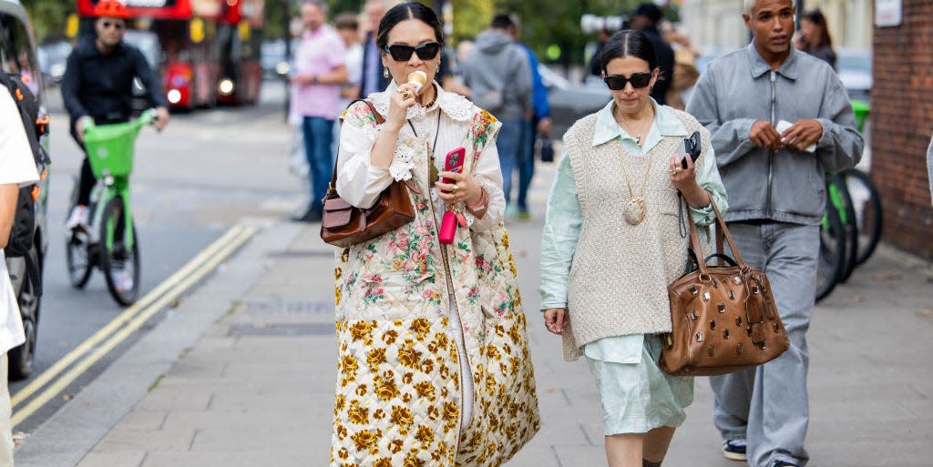 london, england september 15 a guest eating ice cream outside emilia wickstead during london fashion week september 2024 on september 15, 2024 in london, england photo by christian vieriggetty images