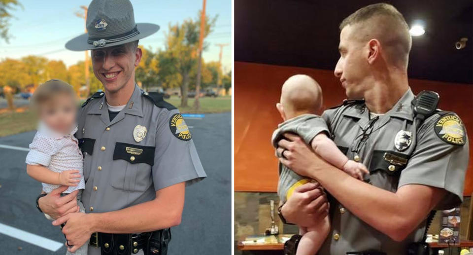 Kentucky police officer Aaron Hampton holds a three-month-old baby so his mother could eat her lunch in peace.