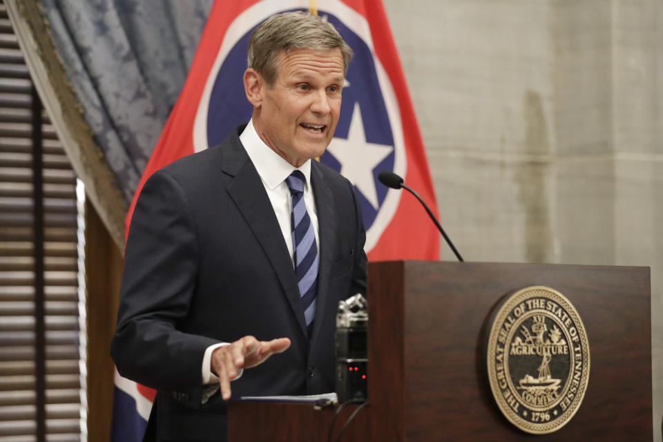 FILE - In this July 1, 2020, file photo, Tennessee Gov. Bill Lee answers questions during a news conference in Nashville, Tenn. Tennessee shocked some civil rights advocates after Lee signed off on legislation that would significantly increase penalties for some protesters, including stripping away their right to vote, but others recognized the move as just the latest tactic from an age-old playbook. (AP Photo/Mark Humphrey, File)