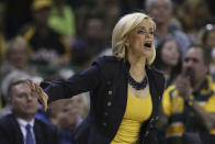 Baylor head coach Kim Mulkey calls in a play in the second half of an NCAA college basketball game against Texas Tech, Saturday, Jan. 25, 2020, in Waco, Texas. Baylor won 87-79. (AP Photo/Rod Aydelotte)