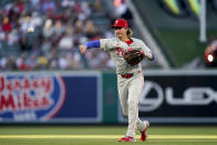 Philadelphia Phillies second baseman Bryson Stott throws out Los Angeles Angels' Taylor Ward at first during the first inning of a baseball game, Monday, April 29, 2024, in Anaheim, Calif. (AP Photo/Ryan Sun)