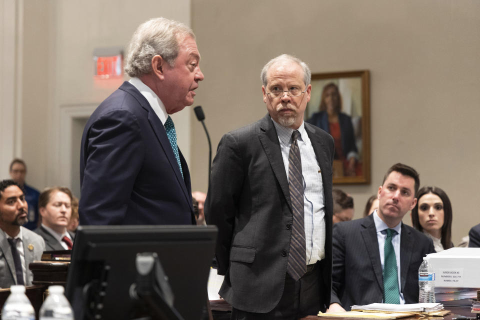 Defense attorney Dick Harpootlian, left, and prosecutor Creighton Waters speak as they finish jury selection for Alex Murdaugh's double murder trial at the Colleton County Courthouse in Walterboro, S.C, Wednesday, Jan. 25, 2023. (Joshua Boucher/The State via AP)