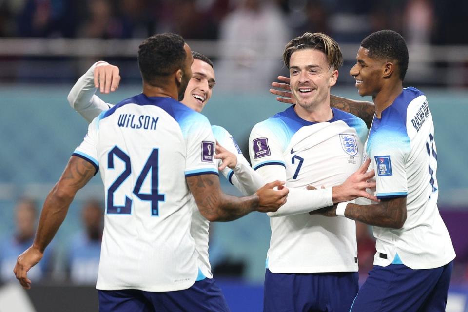 Jack Grealish celebrates with Marcus Rashford, Phil Foden and Callum Wilson of England (Getty Images)