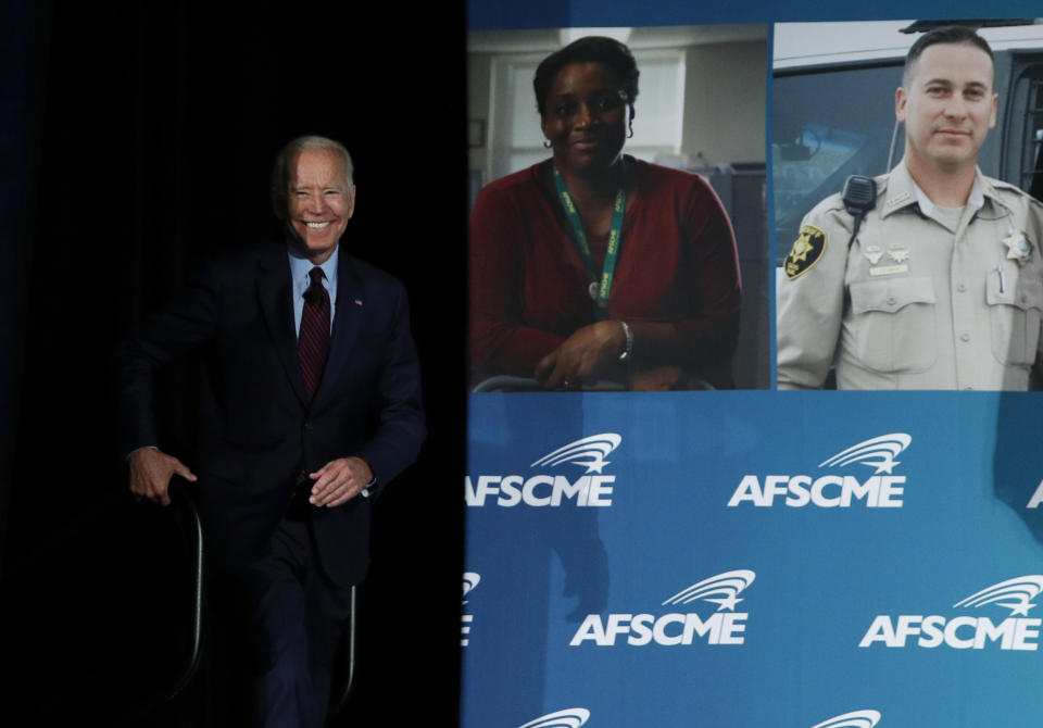 Former Vice President and Democratic presidential candidate Joe Biden walks on stage during a public employees union candidate forum Saturday, Aug. 3, 2019, in Las Vegas. (AP Photo/John Locher)