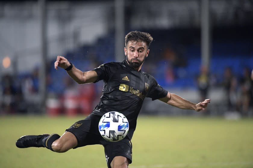 Los Angeles FC forward Diego Rossi (9) attempts a shot during the second half of an MLS soccer match.