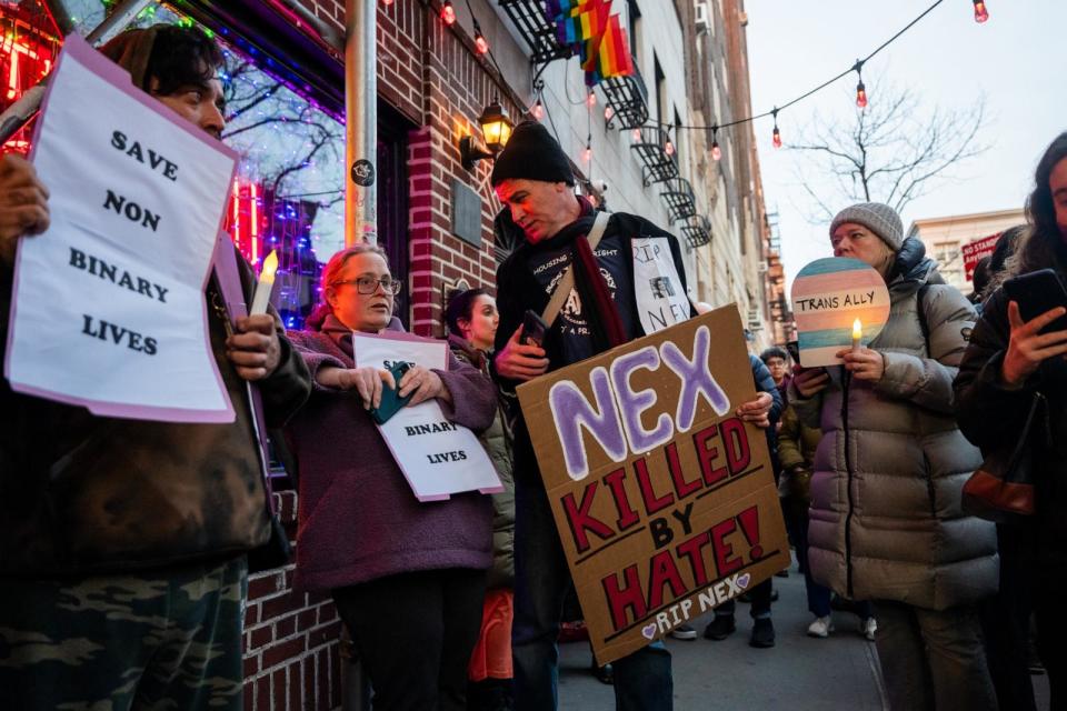 PHOTO: People gather outside the Stonewall Inn for a memorial and vigil for the Oklahoma teenager who died following a fight in a high school bathroom on Feb. 26, 2024, in New York City. (Spencer Platt/Getty Images, FILE)