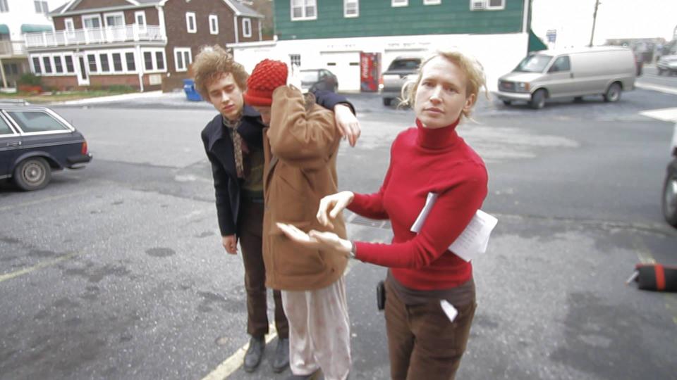 Writer/director Alison Bagnall (right) with "The Dish & the Spoon" stars Greta Gerwig and Olly Alexander during filming at Delaware's beaches.