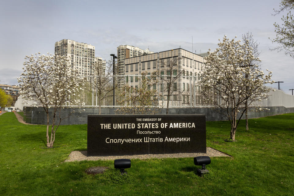 The United States Embassy to Ukraine stands closed on April 25, 2022 in Kyiv, Ukraine. / Credit: Getty Images
