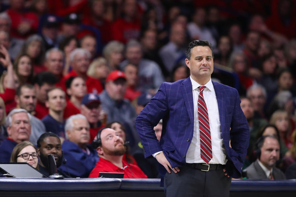 TUCSON, ARIZONA - FEBRUARY 07:  Head coach Sean Miller of the Arizona Wildcats reacts during the NCAAB game against the Washington Huskies at McKale Center on February 07, 2019 in Tucson, Arizona. The Huskies defeated the Wildcats 67-60. (Photo by Christian Petersen/Getty Images)